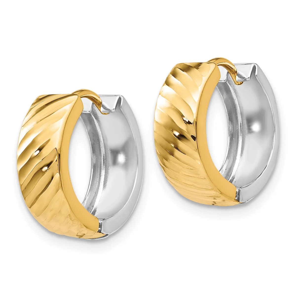 A pair of two-tone hoop earrings with twisted yellow gold fronts and polished silver backs, displayed side by side.