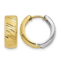 A pair of two-tone gold hoop earrings with diagonal striped texture on the outer surface and smooth inner surface, displayed open to show the hinged closure.