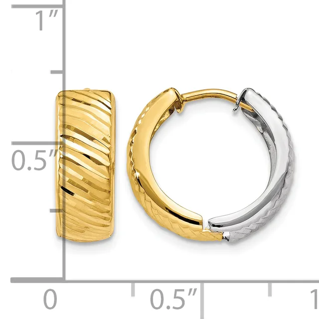 A pair of two-tone gold hoop earrings with diagonal striped texture on the outer surface, shown next to a measurement scale.