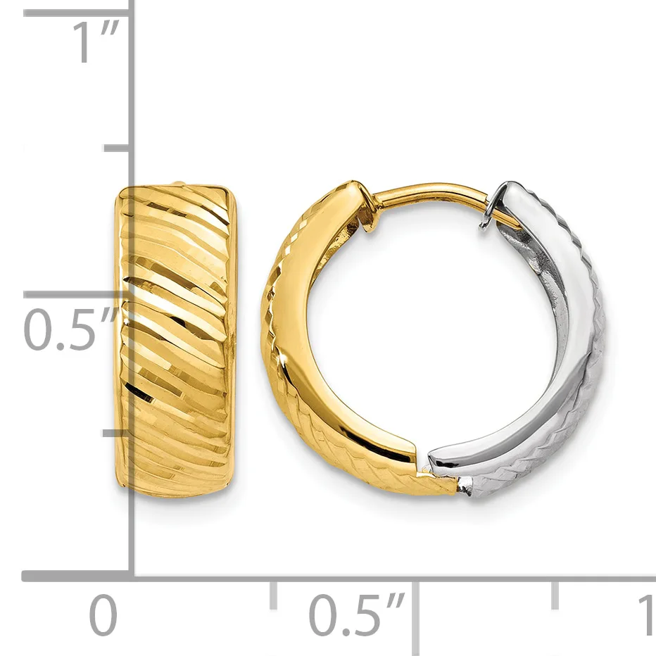 A pair of two-tone gold hoop earrings with diagonal striped texture on the outer surface, shown next to a measurement scale.