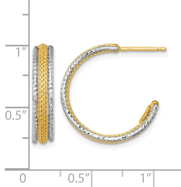 Two-tone gold and silver hoop earrings with textured striped pattern, shown front and side view with measurement scale.