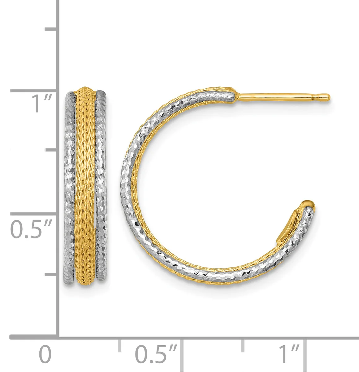 Two-tone gold and silver hoop earrings with textured striped pattern, shown front and side view with measurement scale.