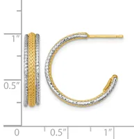 Two-tone gold and silver hoop earrings with textured striped pattern, shown front and side view with measurement scale.
