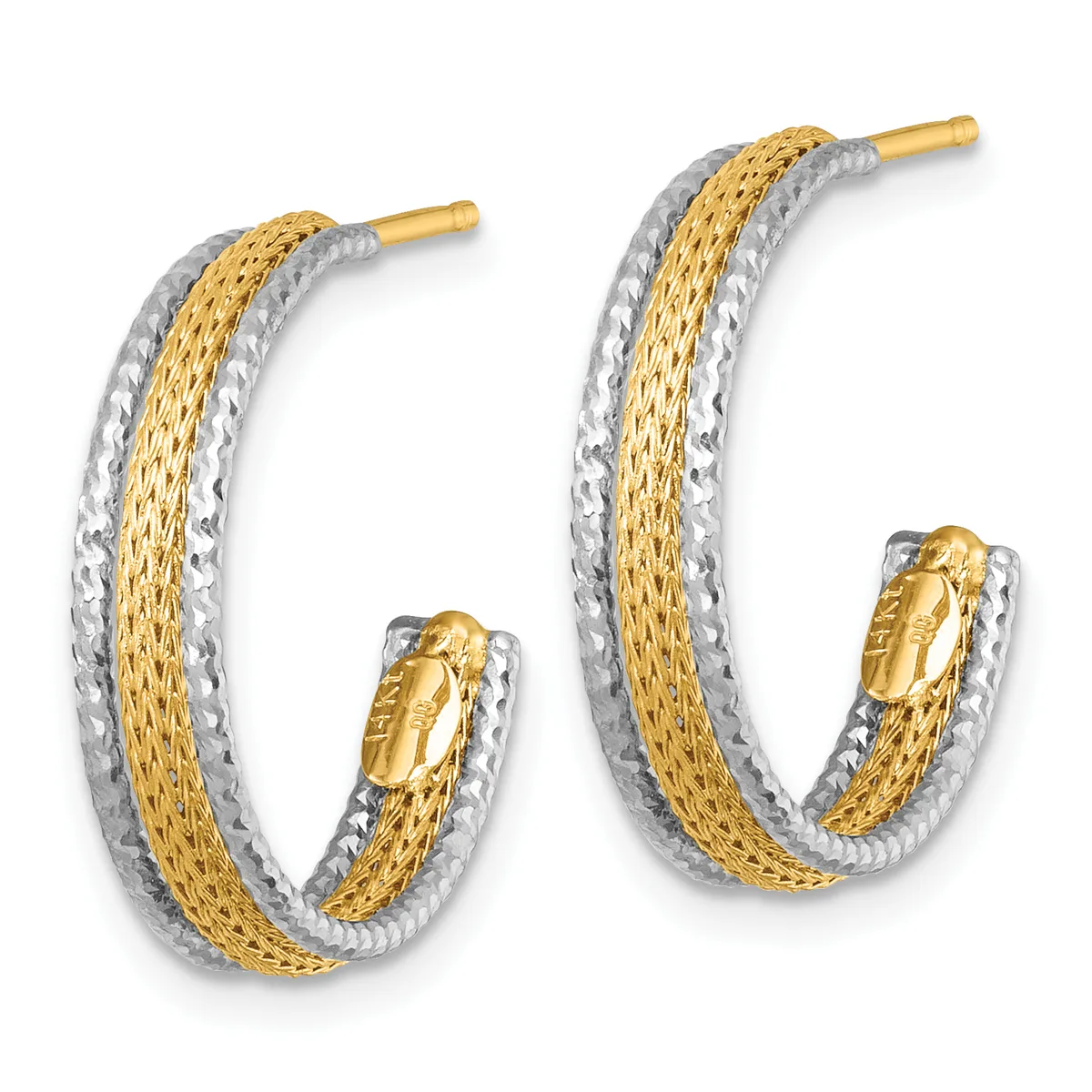 Pair of two-tone hoop earrings with textured yellow gold centers bordered by white textured metal and gold posts with small oval clasps.