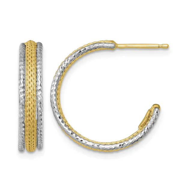 Pair of two-tone gold hoop earrings with textured silver outer edges and smooth yellow gold center stripe, shown from front and side views.