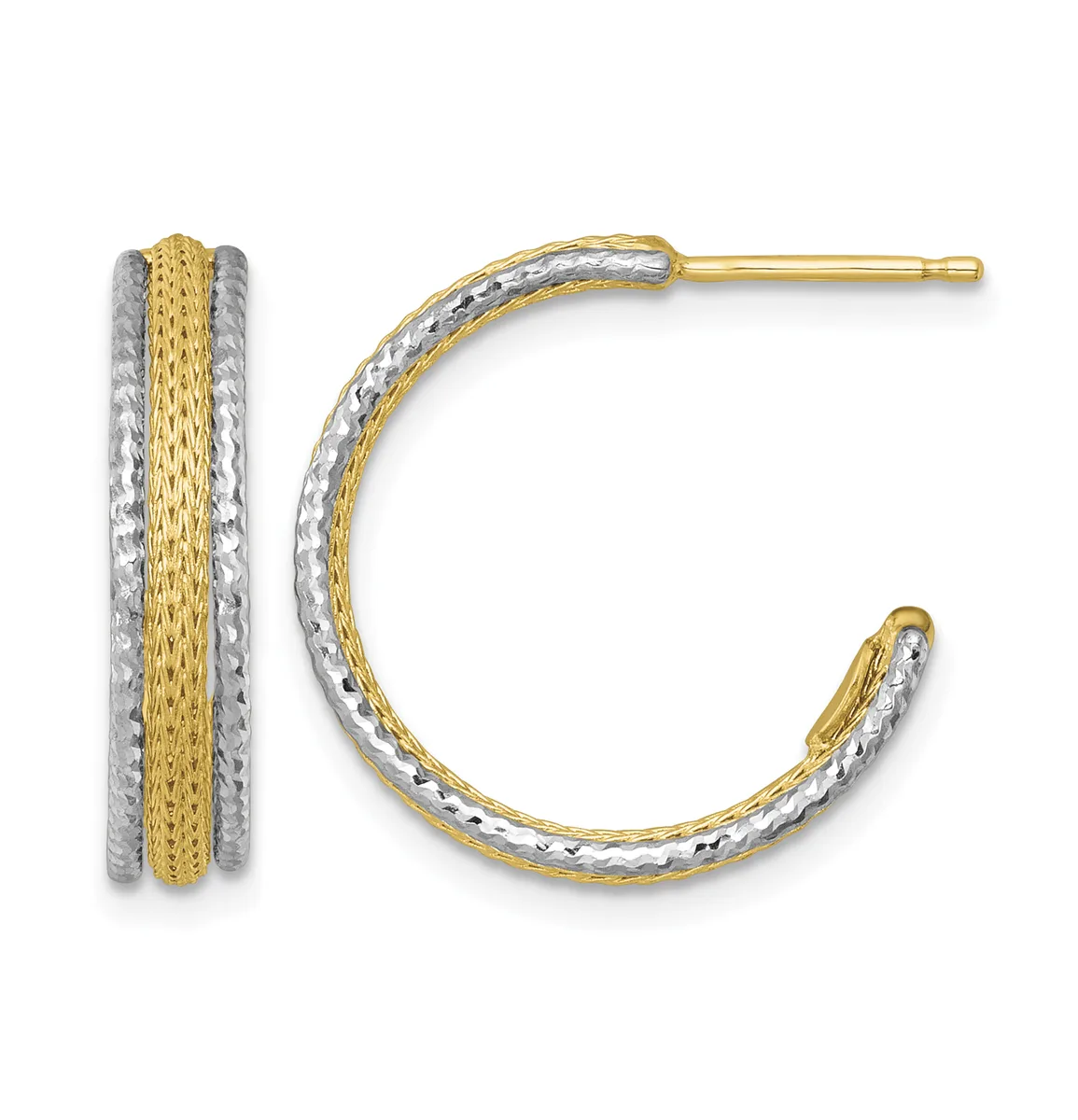 Pair of two-tone gold hoop earrings with textured silver outer edges and smooth yellow gold center stripe, shown from front and side views.
