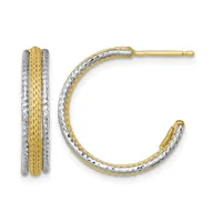 Pair of two-tone gold hoop earrings with textured silver outer edges and smooth yellow gold center stripe, shown from front and side views.