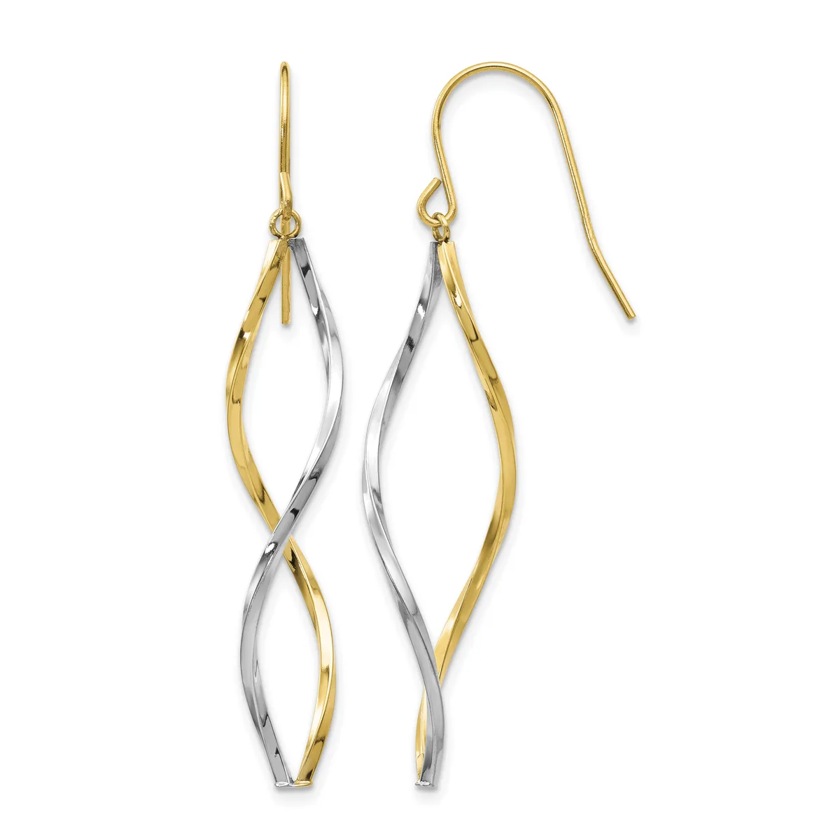 Pair of two-tone gold and silver twisted drop earrings with fish hook ear wires displayed against a white background.