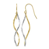 Pair of two-tone gold and silver twisted drop earrings with fish hook ear wires displayed against a white background.