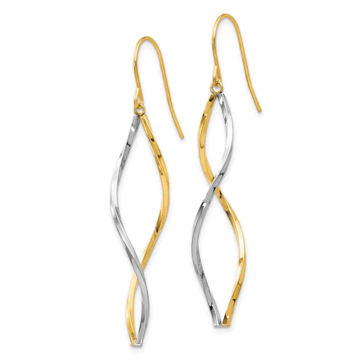 Pair of two-tone gold and silver twisted drop earrings with fish hook wires, displayed against a white background.