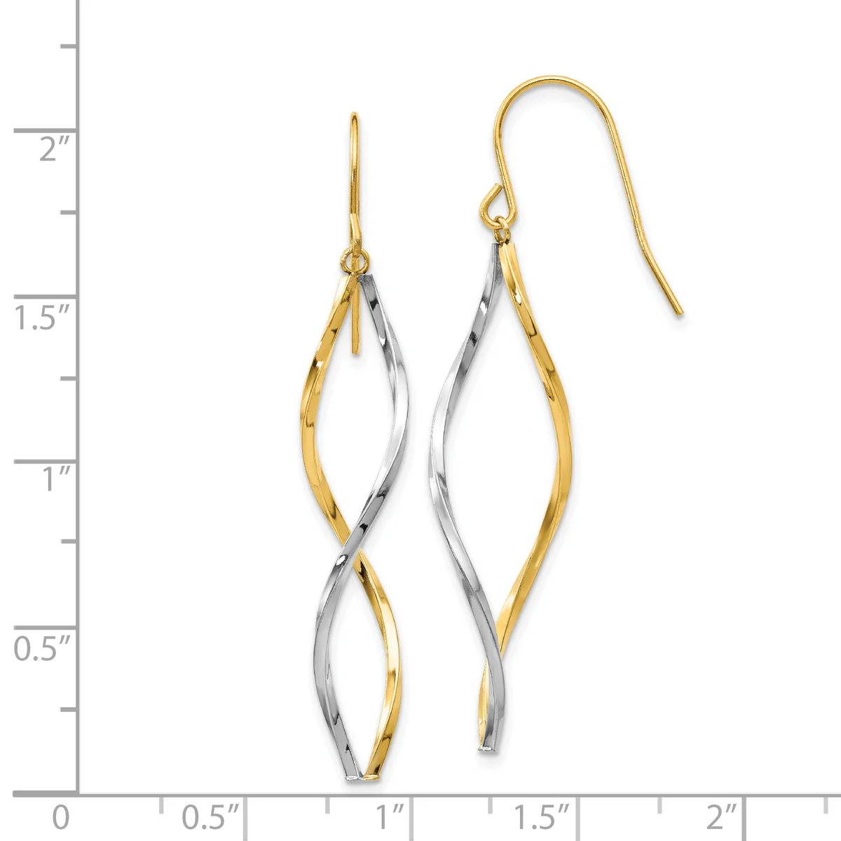 Two-tone twisted drop earrings with gold and silver intertwined strands, shown next to a measurement ruler indicating approximately 1.5 inches in length.