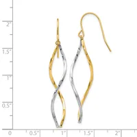 Two-tone twisted drop earrings with gold and silver intertwined strands, shown next to a measurement ruler indicating approximately 1.5 inches in length.