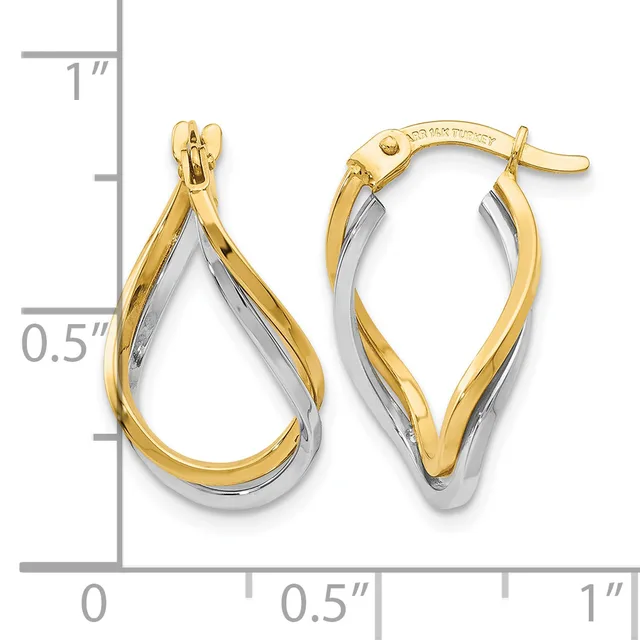 Two-tone gold and silver teardrop hoop earrings with twisted design, shown next to a ruler indicating approximately one inch in length.