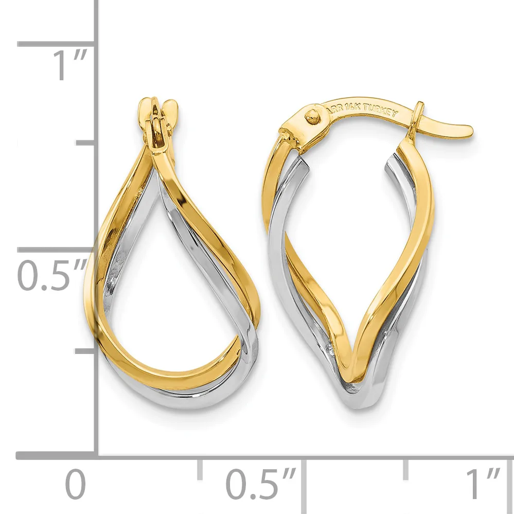 Two-tone gold and silver teardrop hoop earrings with twisted design, shown next to a ruler indicating approximately one inch in length.