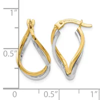 Two-tone gold and silver teardrop hoop earrings with twisted design, shown next to a ruler indicating approximately one inch in length.