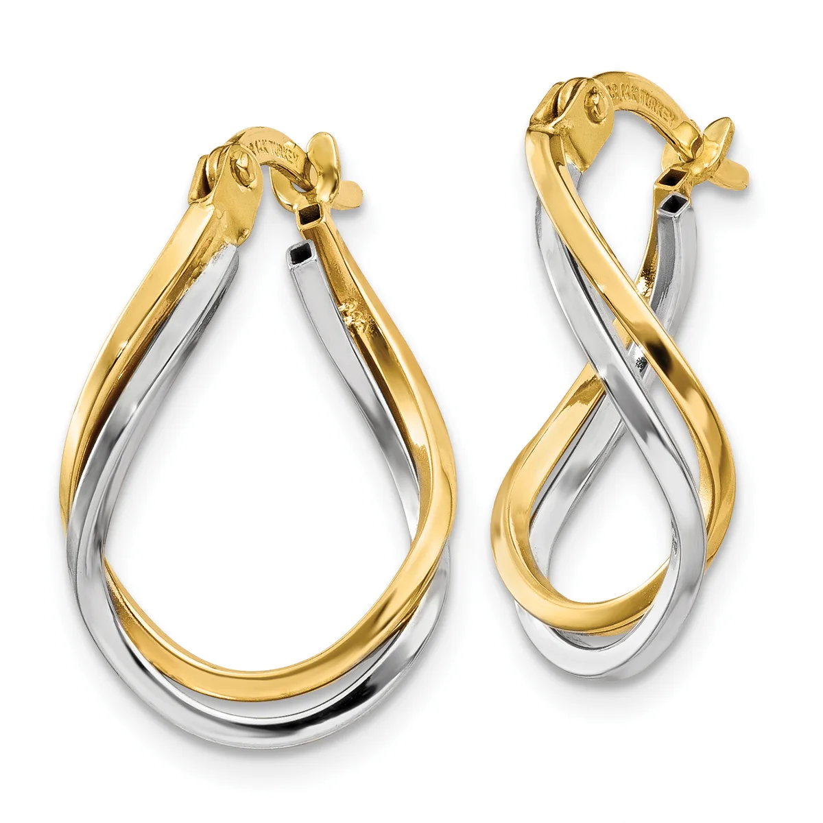 A pair of two-tone hoop earrings with twisted gold and silver bands, featuring horse head posts and a small stamped hallmark.