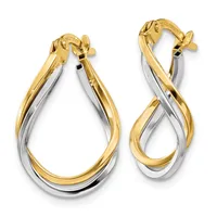 A pair of two-tone hoop earrings with twisted gold and silver bands, featuring horse head posts and a small stamped hallmark.