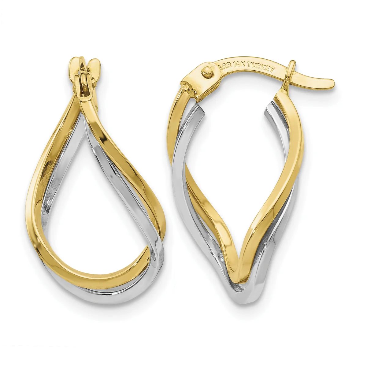 Pair of two-tone gold hoop earrings with twisted design, featuring yellow gold outer curves and white gold inner surfaces, displayed against a white background.