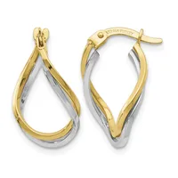 Pair of two-tone gold hoop earrings with twisted design, featuring yellow gold outer curves and white gold inner surfaces, displayed against a white background.