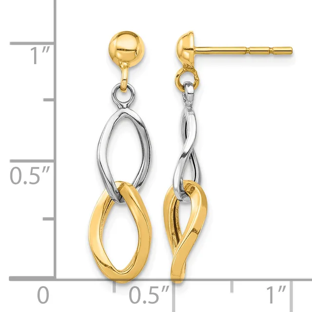 Two-tone gold dangle earrings with interlocking oval loops in yellow and white gold, shown next to a measurement ruler.