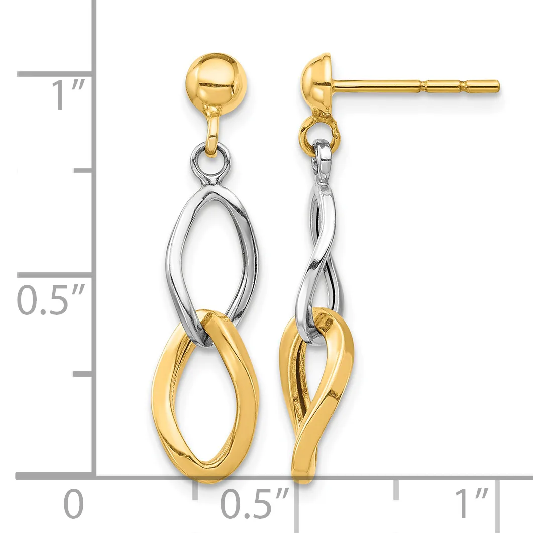 Two-tone gold dangle earrings with interlocking oval loops in yellow and white gold, shown next to a measurement ruler.