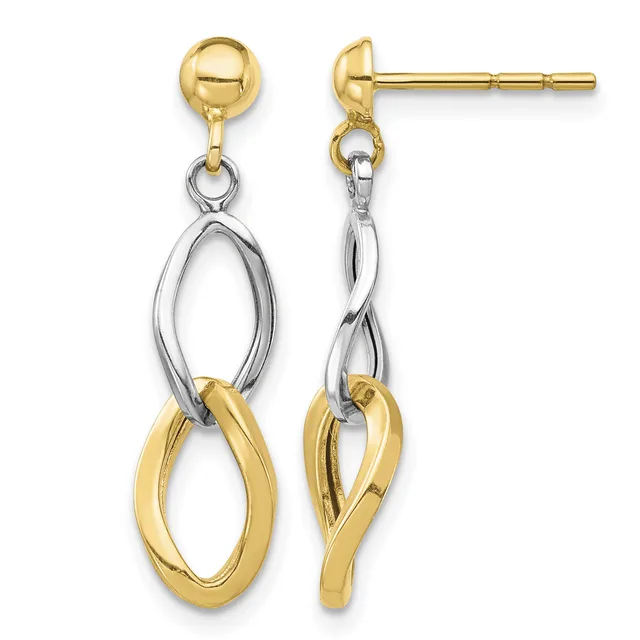 Two-tone gold and silver dangle earrings with oval loops connected by twisted elements, shown from front and side views.