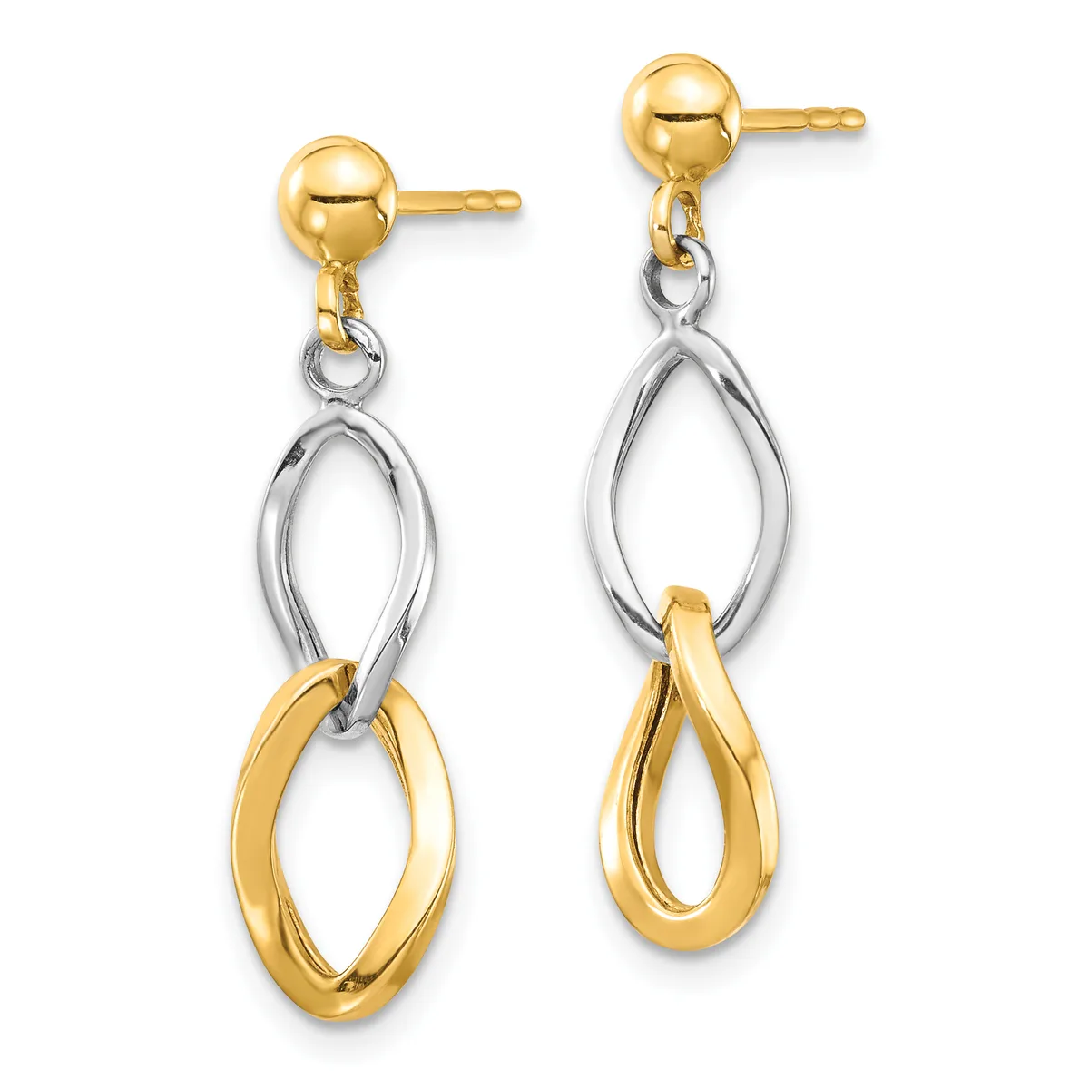 Pair of two-tone gold dangle earrings with ball studs and interlocking oval loops in yellow and white gold.
