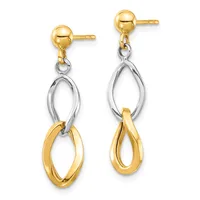 Pair of two-tone gold dangle earrings with ball studs and interlocking oval loops in yellow and white gold.