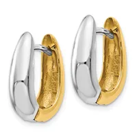 Pair of two-tone hoop earrings with polished white metal outer surfaces and gold-colored inner surfaces, shown from front and back angles.