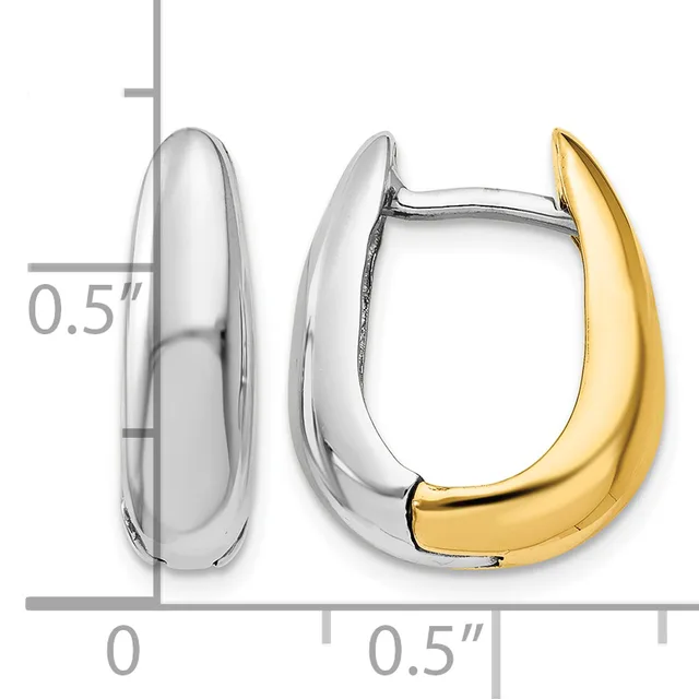 Two-tone hoop earrings with silver and gold curved segments, shown against a measurement scale indicating approximately 0.5 inches in height.