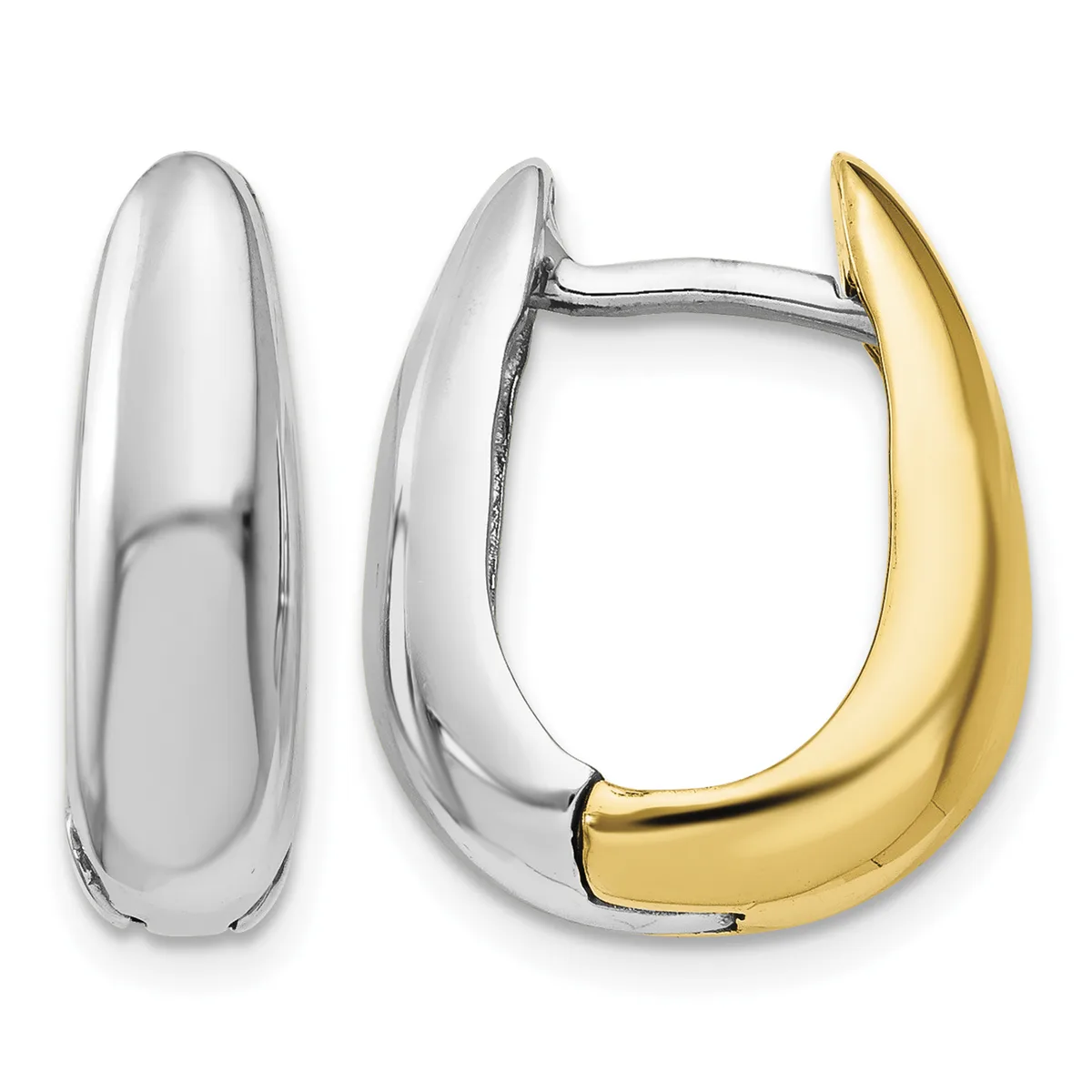 A pair of two-tone hoop earrings with polished silver outer surfaces and gold inner curves, displayed from front and side angles.