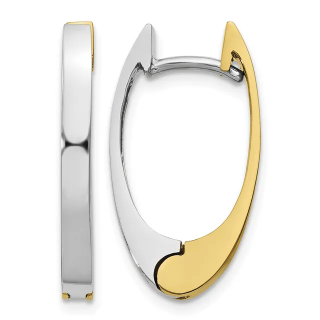 Two-tone oval hoop earrings with white metal and yellow metal sections, shown from front and side views with a hinged closure.