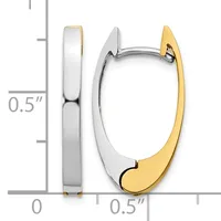 Two-tone oval hoop earrings with white metal and yellow gold finishes, shown from front and side view with a measurement scale indicating approximately 0.5 inch dimensions.