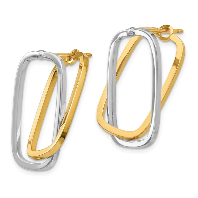 Pair of two-tone hoop earrings with white and yellow gold nested rectangular shapes, shown with posts and backs.