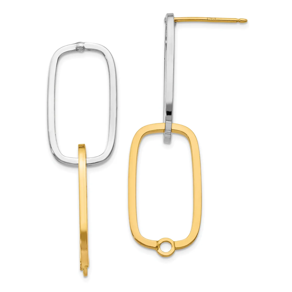 Two-tone rectangular drop earrings with gold and silver components, featuring elongated open loops and small post backs.