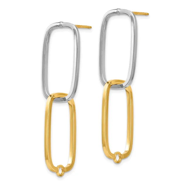 Pair of two-tone stacked rectangular hoop earrings with silver-colored upper loops and gold-colored lower loops, with gold posts.