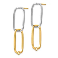 Pair of two-tone stacked rectangular hoop earrings with silver-colored upper loops and gold-colored lower loops, with gold posts.