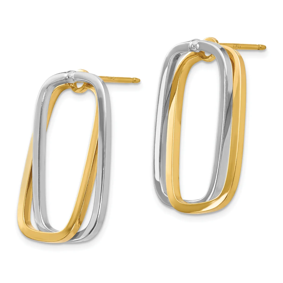 A pair of two-tone rectangular hoop earrings with yellow gold outer edges and white gold inner edges, shown from the front.