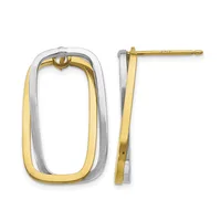 Pair of two-tone rectangular hoop earrings with yellow gold inner edges and white gold outer edges, shown from front and side views.