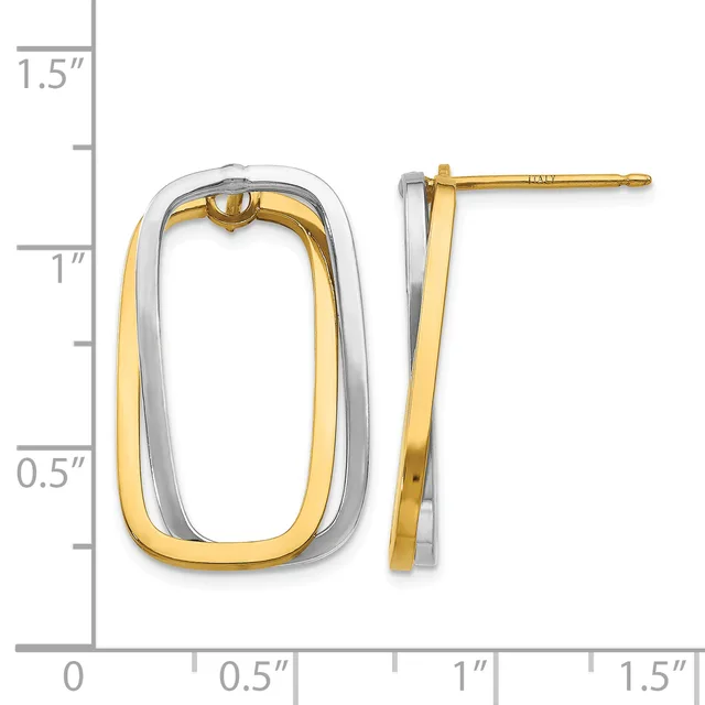 Two-tone gold and silver rectangular tube earrings with rounded corners, shown from front and side views next to a measurement scale.