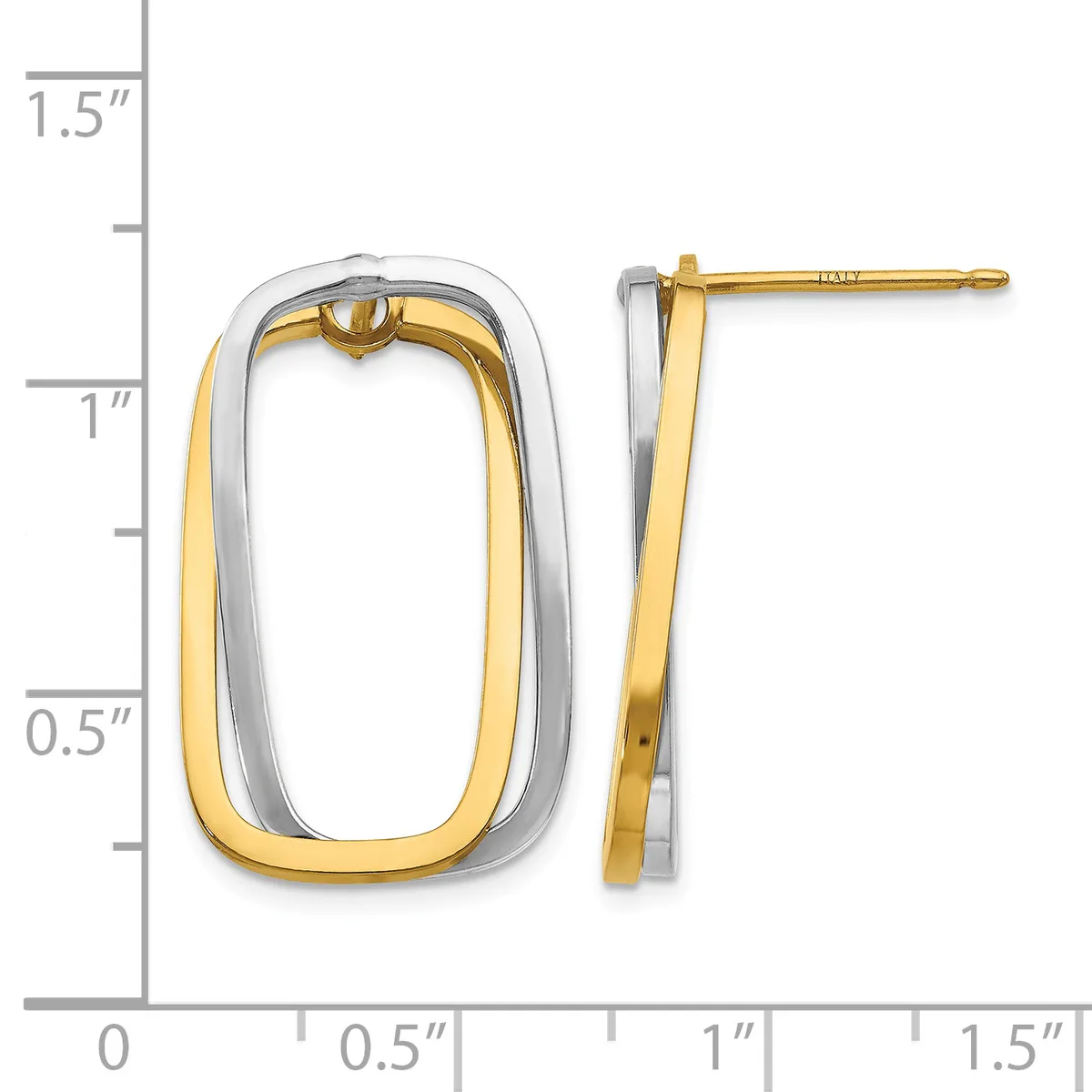 Two-tone gold and silver rectangular tube earrings with rounded corners, shown from front and side views next to a measurement scale.