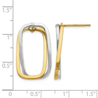 Two-tone gold and silver rectangular tube earrings with rounded corners, shown from front and side views next to a measurement scale.