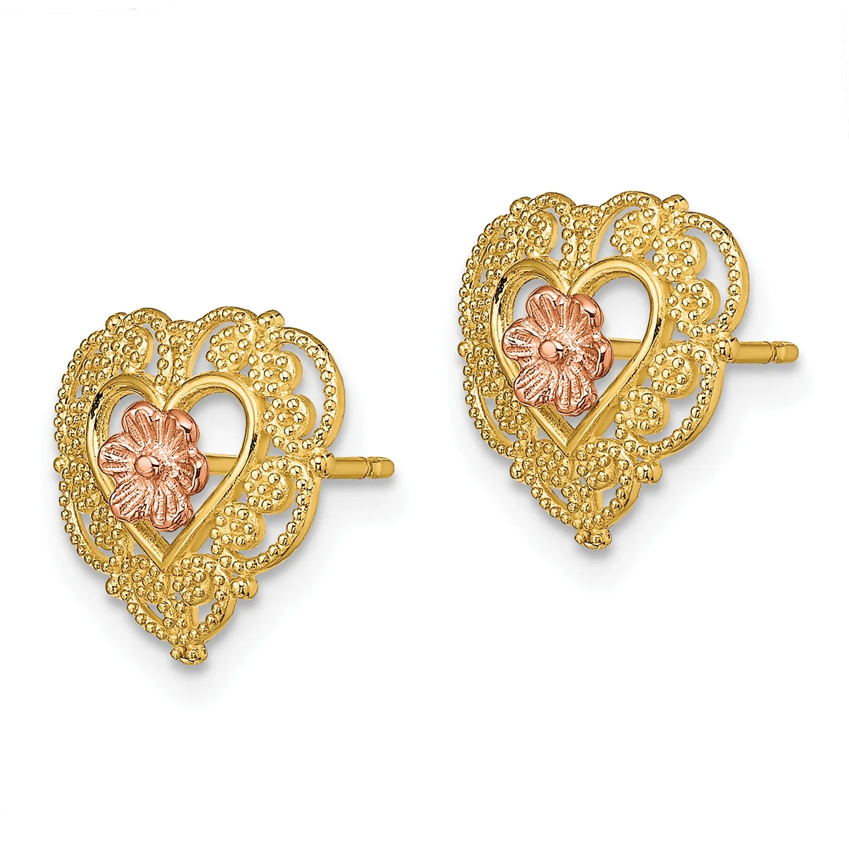 A pair of gold heart-shaped stud earrings with filigree detailing and rose gold flower motifs in the center, shown from the front.