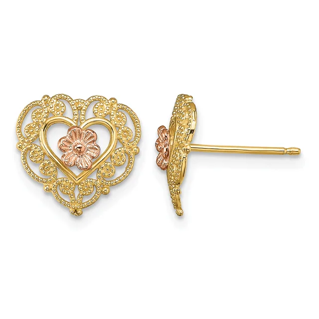 Pair of gold heart-shaped stud earrings with ornate filigree design and rose gold flower accent in the center, shown from front and side views.