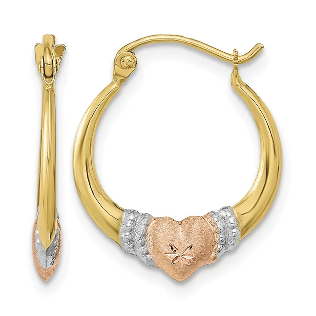 Pair of gold hoop earrings with a rose gold heart charm decorated with white diamond accents, shown from front and side views.
