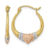 Pair of gold hoop earrings with a rose gold heart charm decorated with white diamond accents, shown from front and side views.