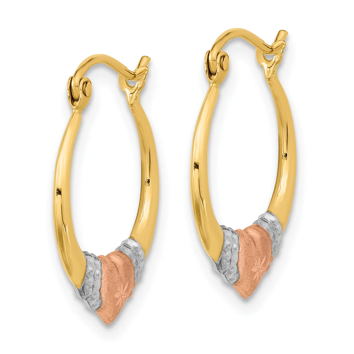 A pair of gold hoop earrings with tri-color accents in white and rose gold at the bottom, displayed against a white background.