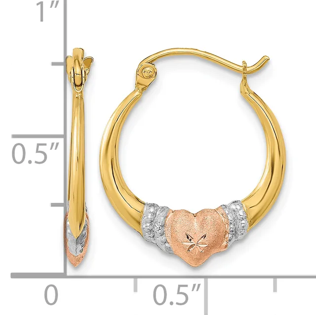 Gold hoop earrings with a rose gold heart charm accent and white gold spacer bands, shown front and side view with a measurement scale.