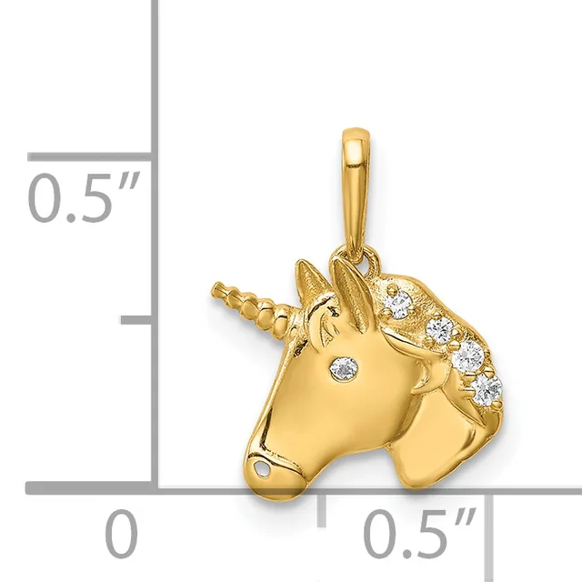 Gold unicorn head pendant with diamond accents on the mane and face, shown next to a measurement scale indicating approximately half an inch in height and width.
