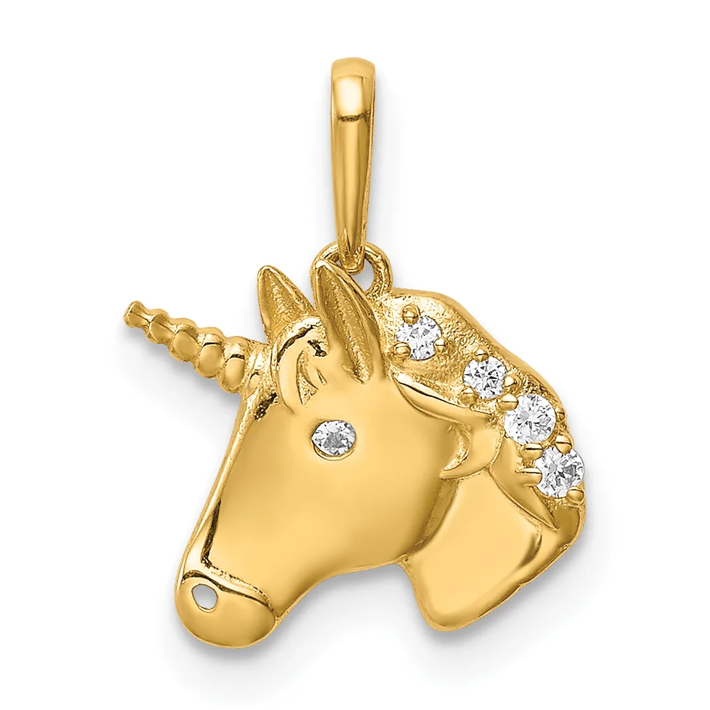 A gold unicorn head pendant with a spiraled horn, diamond accents on the mane and eye, and a small stamped hallmark on the lower left.